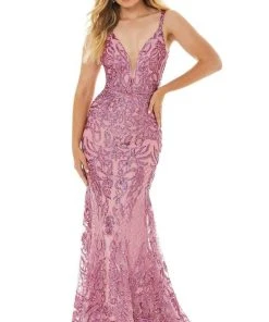 Ashley Lauren - 11015 Sequined Deep V Neck Mermaid Dress With Train