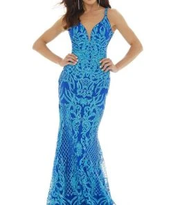 Ashley Lauren - 11015 Sequined Deep V Neck Mermaid Dress With Train