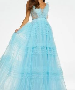 Ashley Lauren - 11142 Plunging V-Neck Tired Ruffle Gown