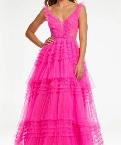 Ashley Lauren - 11142 Plunging V-Neck Tired Ruffle Gown