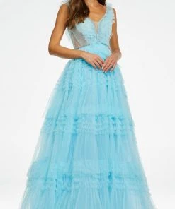Ashley Lauren - 11142 Plunging V-Neck Tired Ruffle Gown