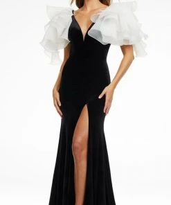 Ashley Lauren - 11172 Ruffled Shoulder High Slit Gown