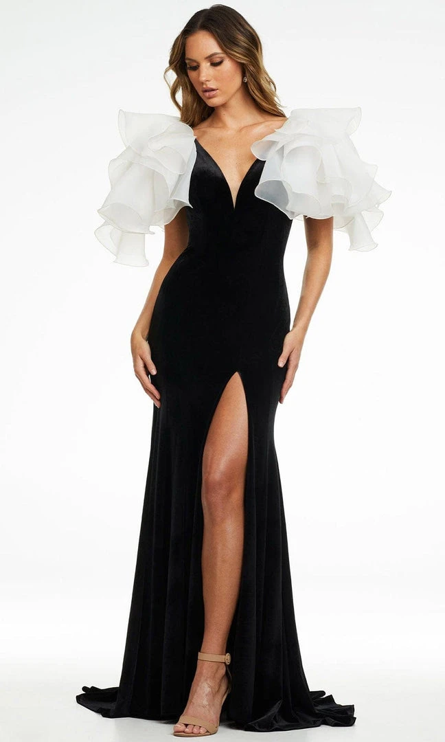 Ashley Lauren - 11172 Ruffled Shoulder High Slit Gown 6 Ashley Lauren - 11172 Ruffled Shoulder High Slit Gown