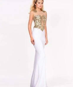 Ashley Lauren - 1186 Gold Embroidered Illusion Jewel Sheath Dress
