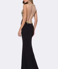 Ashley Lauren - 1186 Gold Embroidered Illusion Jewel Sheath Dress