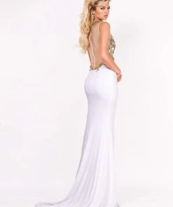 Ashley Lauren - 1186 Gold Embroidered Illusion Jewel Sheath Dress