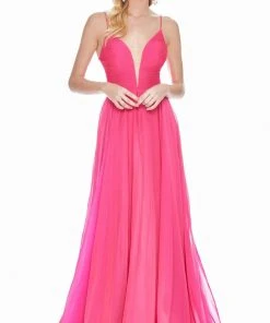 Ashley Lauren - 1386 Pleated Deep V-neck A-line Dress