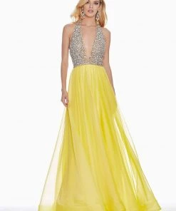 Ashley Lauren - 1391 Crystal Crusted Plunging Halter Chiffon Gown