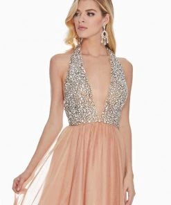 Ashley Lauren - 1391 Crystal Crusted Plunging Halter Chiffon Gown