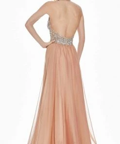 Ashley Lauren - 1391 Crystal Crusted Plunging Halter Chiffon Gown