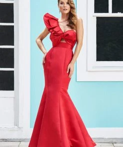 Ashley Lauren - 1401 One Shoulder Ruffle Satin Mermaid Dress
