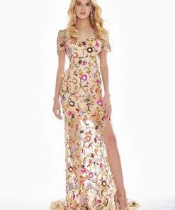 Ashley Lauren - 1442 Floral Sequined Dress With Slit