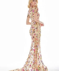 Ashley Lauren - 1442 Floral Sequined Dress With Slit