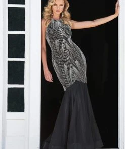 Ashley Lauren - 1444 Bedazzled Jewel Neck Tulle Mermaid Dress