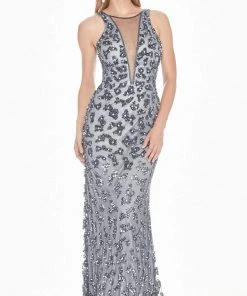 Ashley Lauren - 1447 Bedazzled Halter Fitted Dress With Train
