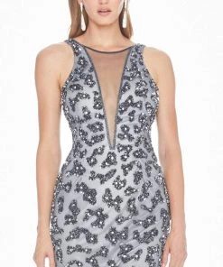 Ashley Lauren - 1447 Bedazzled Halter Fitted Dress With Train