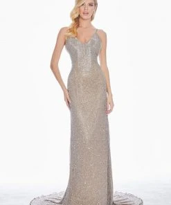 Ashley Lauren - 1451 Beaded Fringe V-Neck Dress