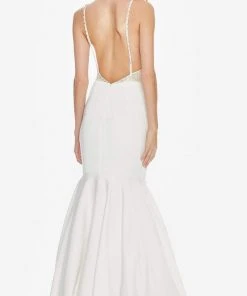 Ashley Lauren - 1485 Beaded Fringe Plunging V-neck Mermaid Dress