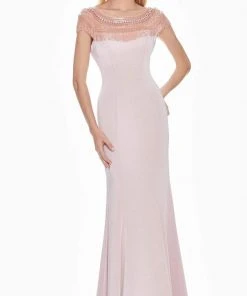 Ashley Lauren - 1517 Cap Sleeve Bead Fringed Crepe Sheath Gown