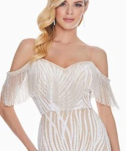 Ashley Lauren - 1521 Fringe Off-Shoulder Trumpet Dress