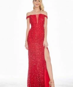 Ashley Lauren - 1562 Beaded Off-Shoulder Gown With Slit