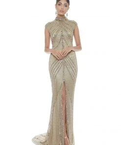 Ashley Lauren - 1624 Embellished High Neck Dress With Slit