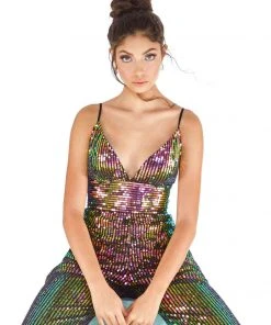 Ashley Lauren - 1726 Allover Sequin Sleeveless V Neck Jumpsuit