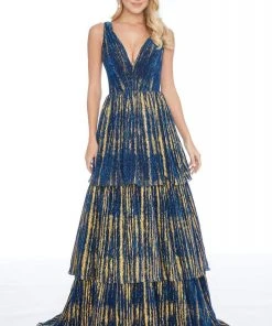 Ashley Lauren - 1758 Deep V-neck Tulle Tiered A-line Dress