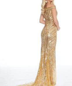 Ashley Lauren - 1820 Sequined Plunging Off-Shoulder Sheath Dress