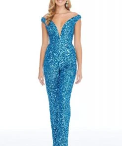 Ashley Lauren - 1825 Sequined Deep Off-Shoulder Jumpsuit