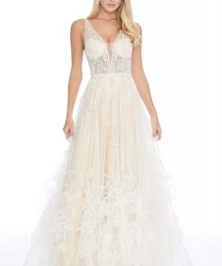 Ashley Lauren - 1902 Beaded Deep V-neck Feathered A-line Gown