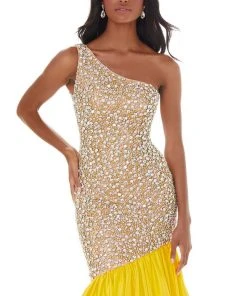 Ashley Lauren - 1981 One Shoulder Crystal Studded Trumpet Gown