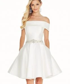Ashley Lauren - 4058 Bedazzled Mikado Off-Shoulder A-line Dress