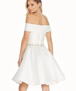 Ashley Lauren - 4058 Bedazzled Mikado Off-Shoulder A-line Dress