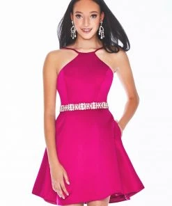 Ashley Lauren - 4071 Satin Halter Neck Crystal Beaded Belt Short Dress