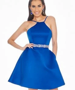 Ashley Lauren - 4071 Satin Halter Neck Crystal Beaded Belt Short Dress