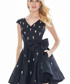 Ashley Lauren - 4080 Beaded Cap Sleeve Bow-Ornate Satin Dress