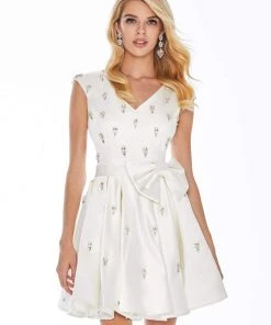 Ashley Lauren - 4080 Beaded Cap Sleeve Bow-Ornate Satin Dress