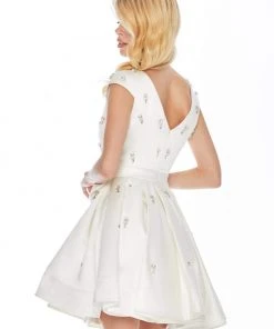 Ashley Lauren - 4080 Beaded Cap Sleeve Bow-Ornate Satin Dress