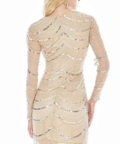 Ashley Lauren - 4128 Beaded Long Sleeve Plunging V-neck Fitted Dress