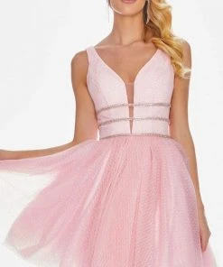 Ashley Lauren - 4180 Deep V-neck Glitter Tulle A-line Dress