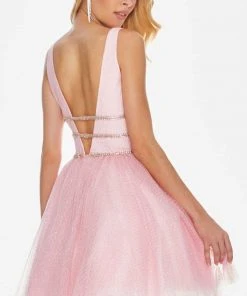 Ashley Lauren - 4180 Deep V-neck Glitter Tulle A-line Dress