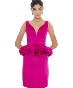 Ashley Lauren - 4217 V-neck Satin Peplum Column Dress
