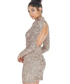 Ashley Lauren - 4252 Long Sleeve Open Back Sequined Cocktail Dress