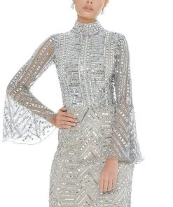 Ashley Lauren - 4265 Embellished Bell Sleeve High Neck Fitted Dress