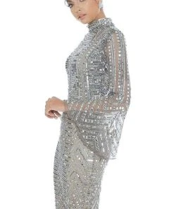 Ashley Lauren - 4265 Embellished Bell Sleeve High Neck Fitted Dress