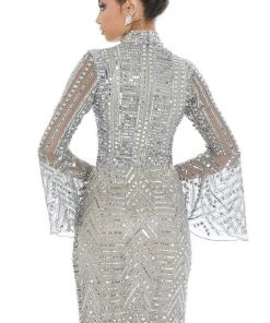 Ashley Lauren - 4265 Embellished Bell Sleeve High Neck Fitted Dress