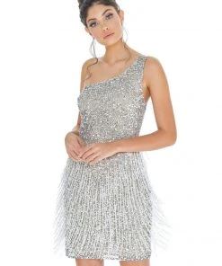 Ashley Lauren - 4273 Sequined One Shoulder Fringe Sheath Dress