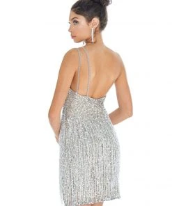 Ashley Lauren - 4273 Sequined One Shoulder Fringe Sheath Dress