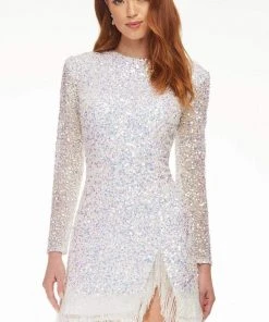 Ashley Lauren - 4438 Beaded Long Sleeve Fringe Sheath Dress